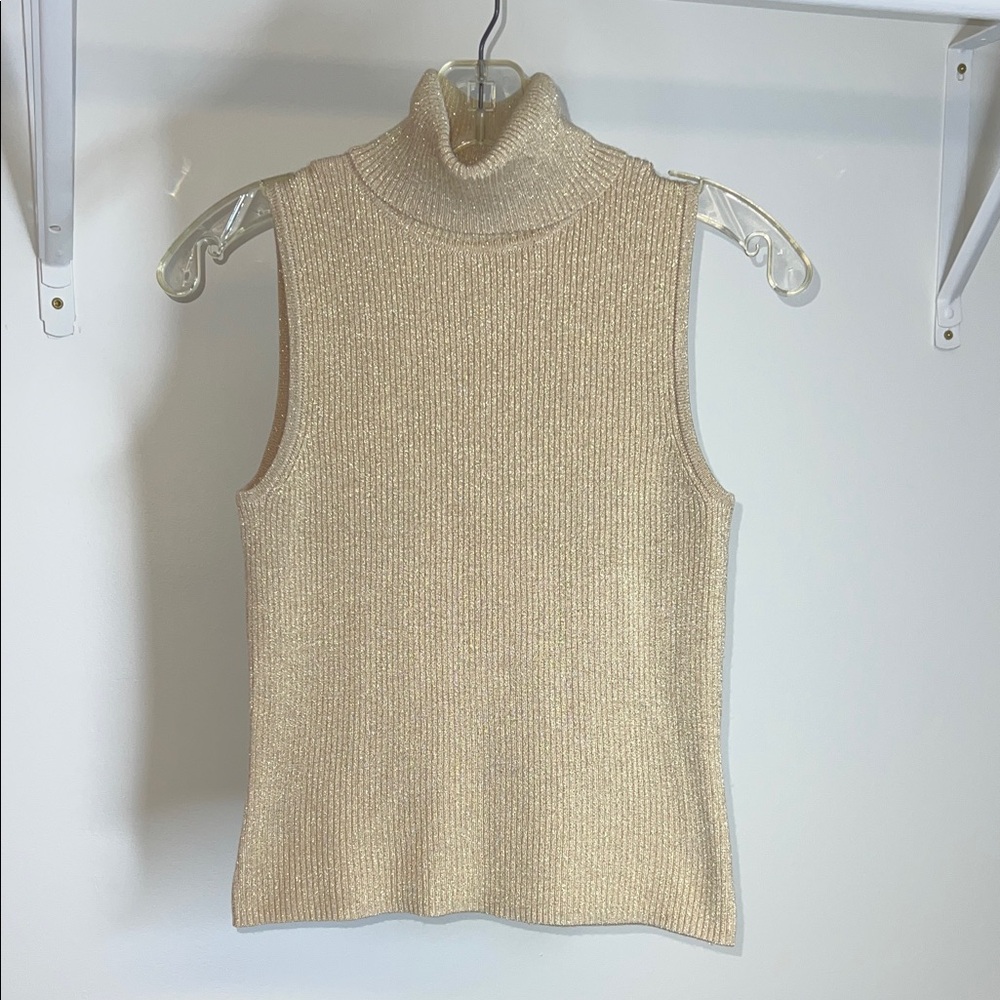 It's Our Time Shimmering Gold Knit Sleeveless Turtleneck Sweater Top-L (Juniors)